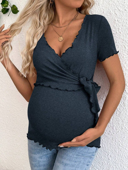 Maternity V-Neck Long Sleeve Tie Front Wrap Top with Lettuce Hem Casual Solid Green Summer Knit T-Shirt