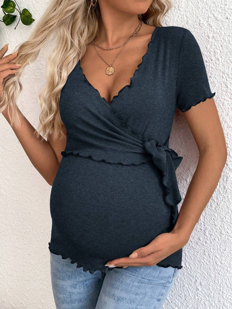 Maternity V-Neck Short Sleeve Belted T-Shirt - Casual Colorblock Regular Fit Summer Knit Top