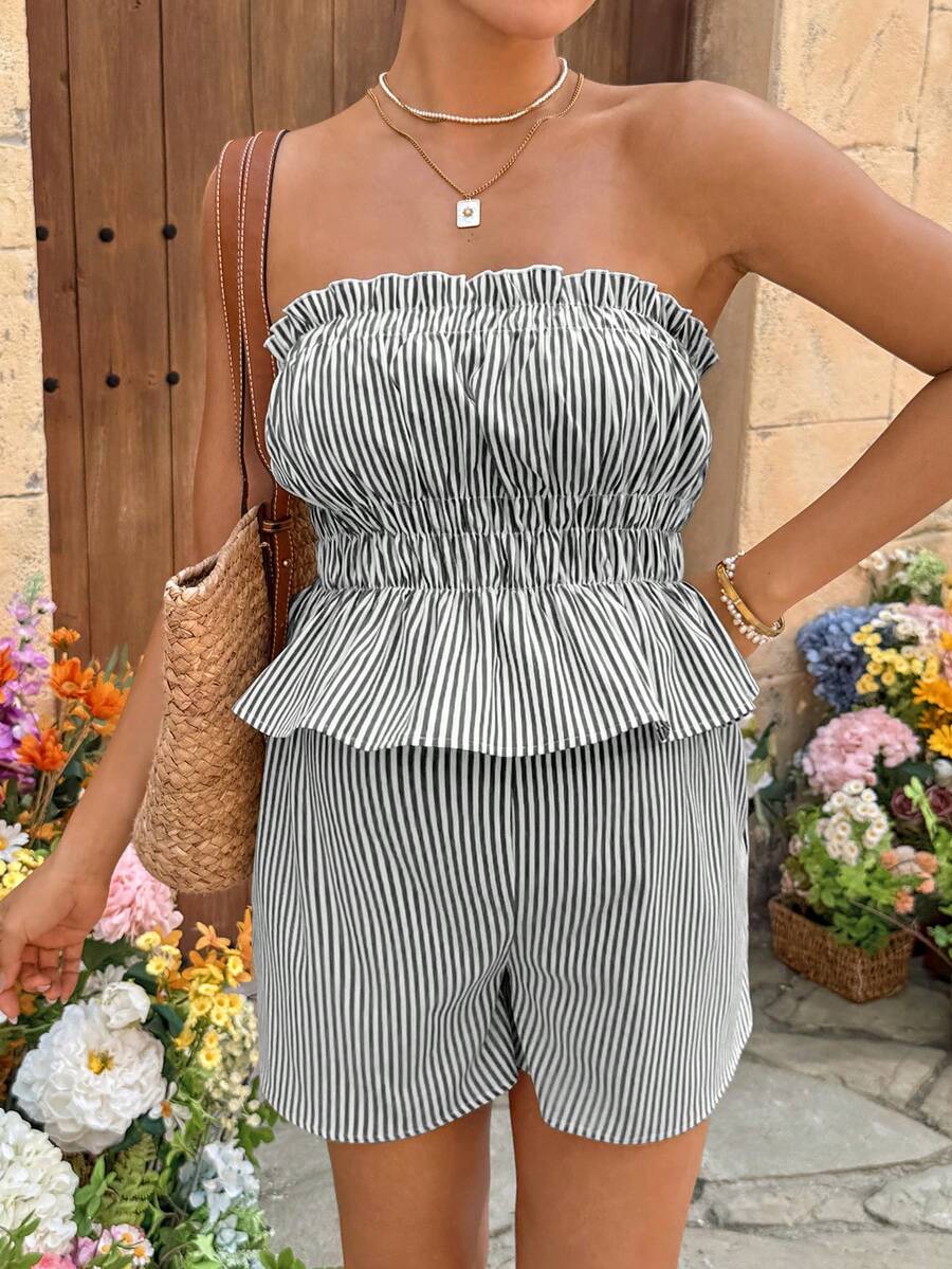 Maternity 2-Piece Summer Vacation Set Yellow Striped Ruffle Bandeau Top and Adjustable Waist Mini Shorts Beach Outfit