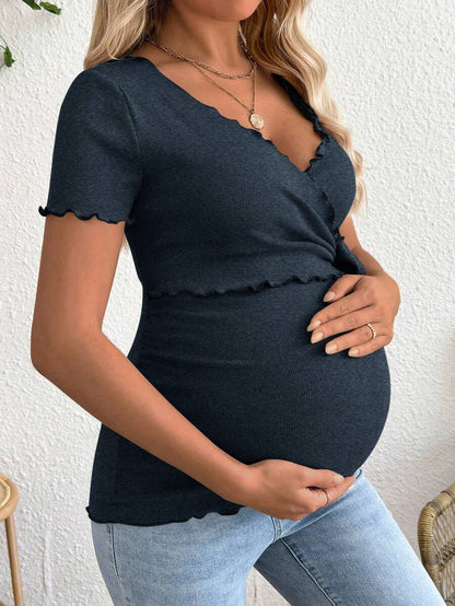 Maternity V-Neck Long Sleeve Tie Front Wrap Top with Lettuce Hem Casual Solid Green Summer Knit T-Shirt