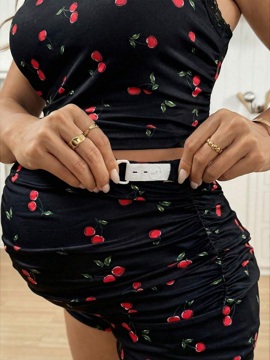 Maternity Contrast Lace Cherry Print Camisole and Ruffle Trim Adjustable Waist Shorts Set - 2 Piece Casual Beachwear