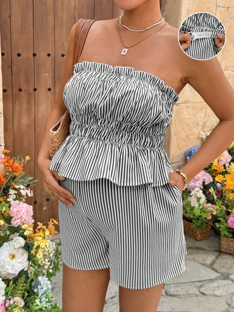 Maternity 2-Piece Summer Vacation Set Yellow Striped Ruffle Bandeau Top and Adjustable Waist Mini Shorts Beach Outfit