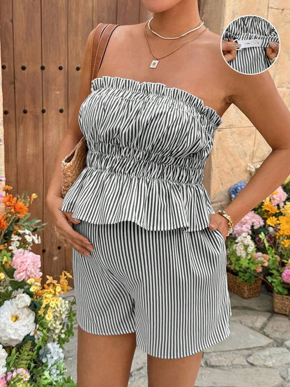 Maternity 2-Piece Summer Vacation Set Yellow Striped Ruffle Bandeau Top and Adjustable Waist Mini Shorts Beach Outfit