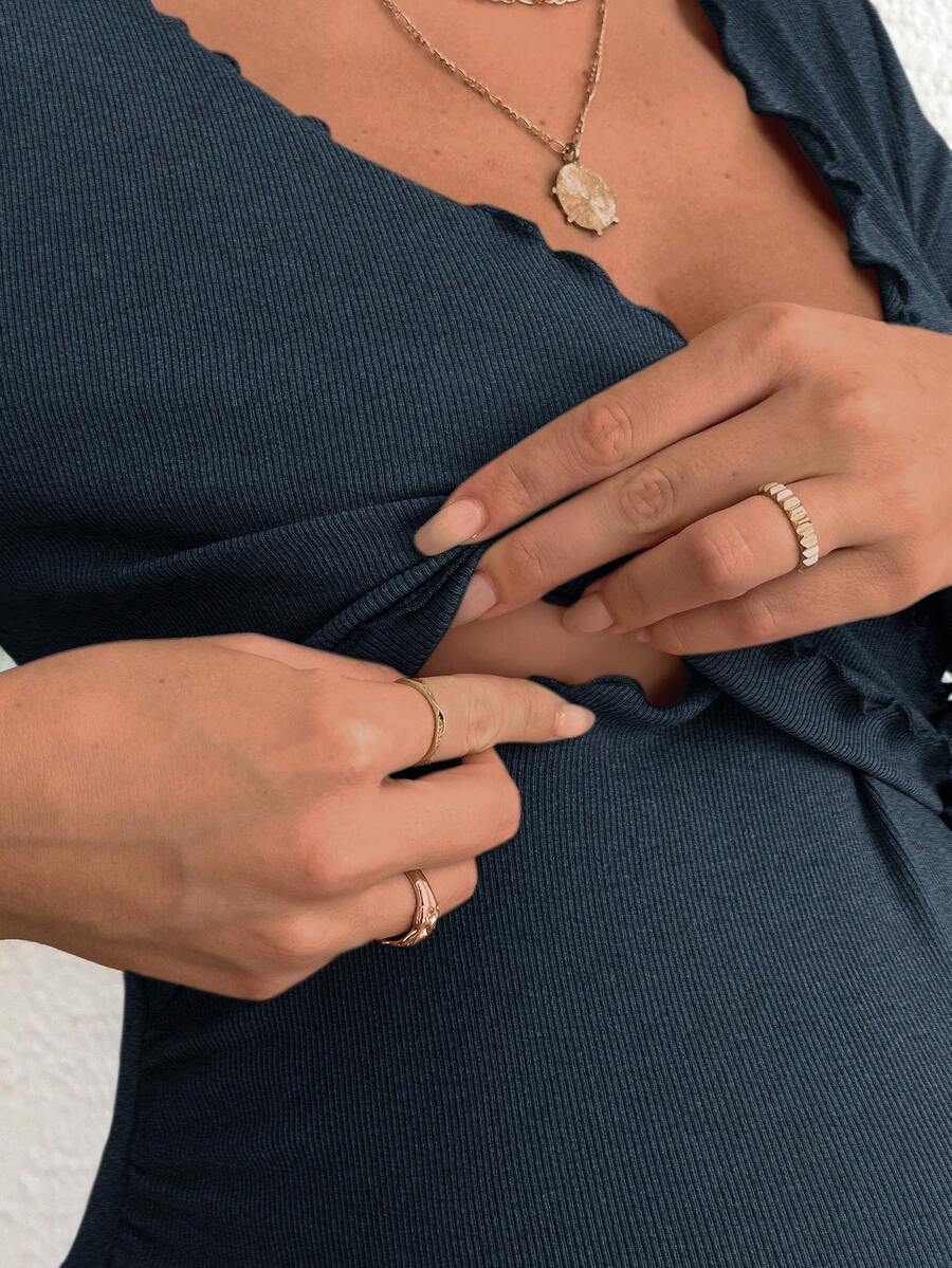 Maternity V-Neck Long Sleeve Tie Front Wrap Top with Lettuce Hem Casual Solid Green Summer Knit T-Shirt