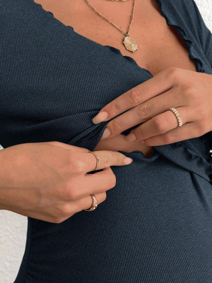 Maternity V-Neck Short Sleeve Belted T-Shirt - Casual Colorblock Regular Fit Summer Knit Top