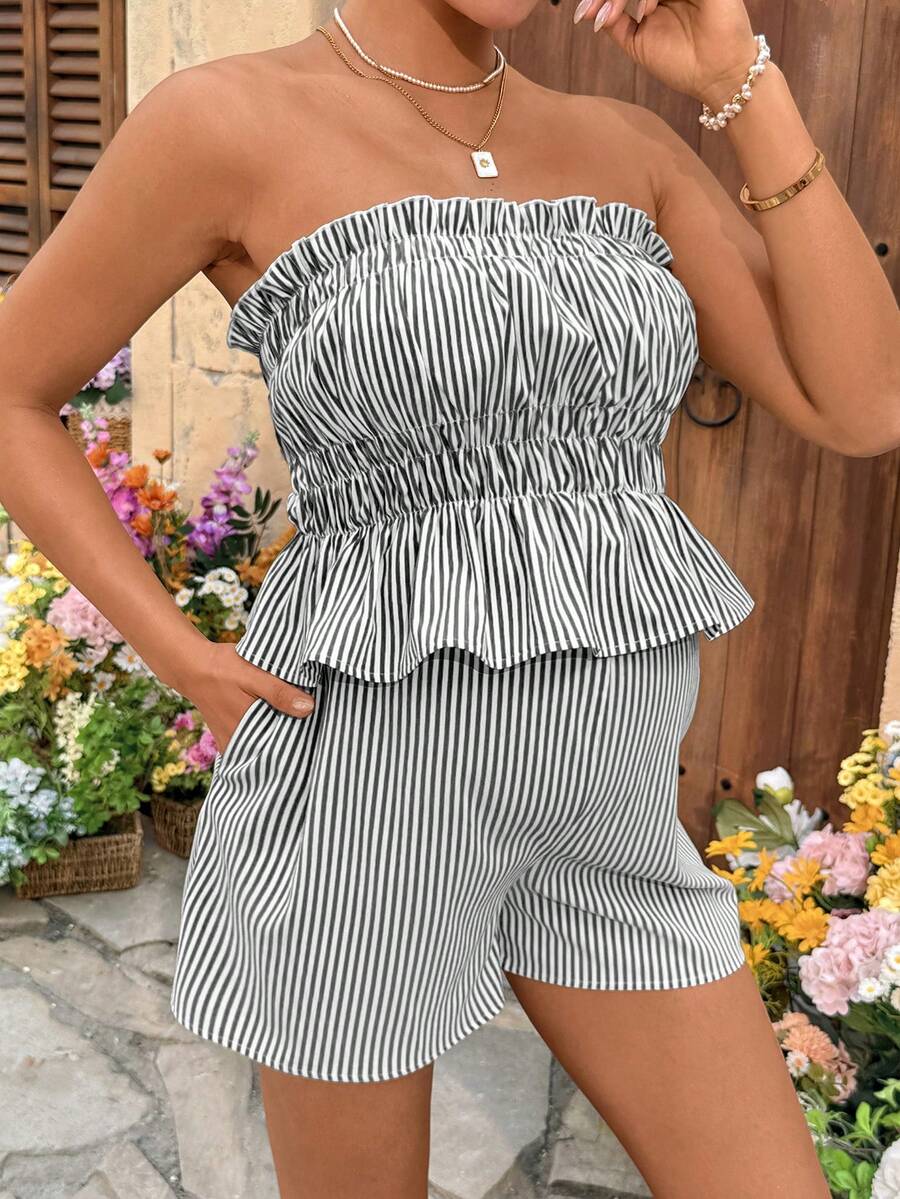 Maternity 2-Piece Summer Vacation Set Yellow Striped Ruffle Bandeau Top and Adjustable Waist Mini Shorts Beach Outfit