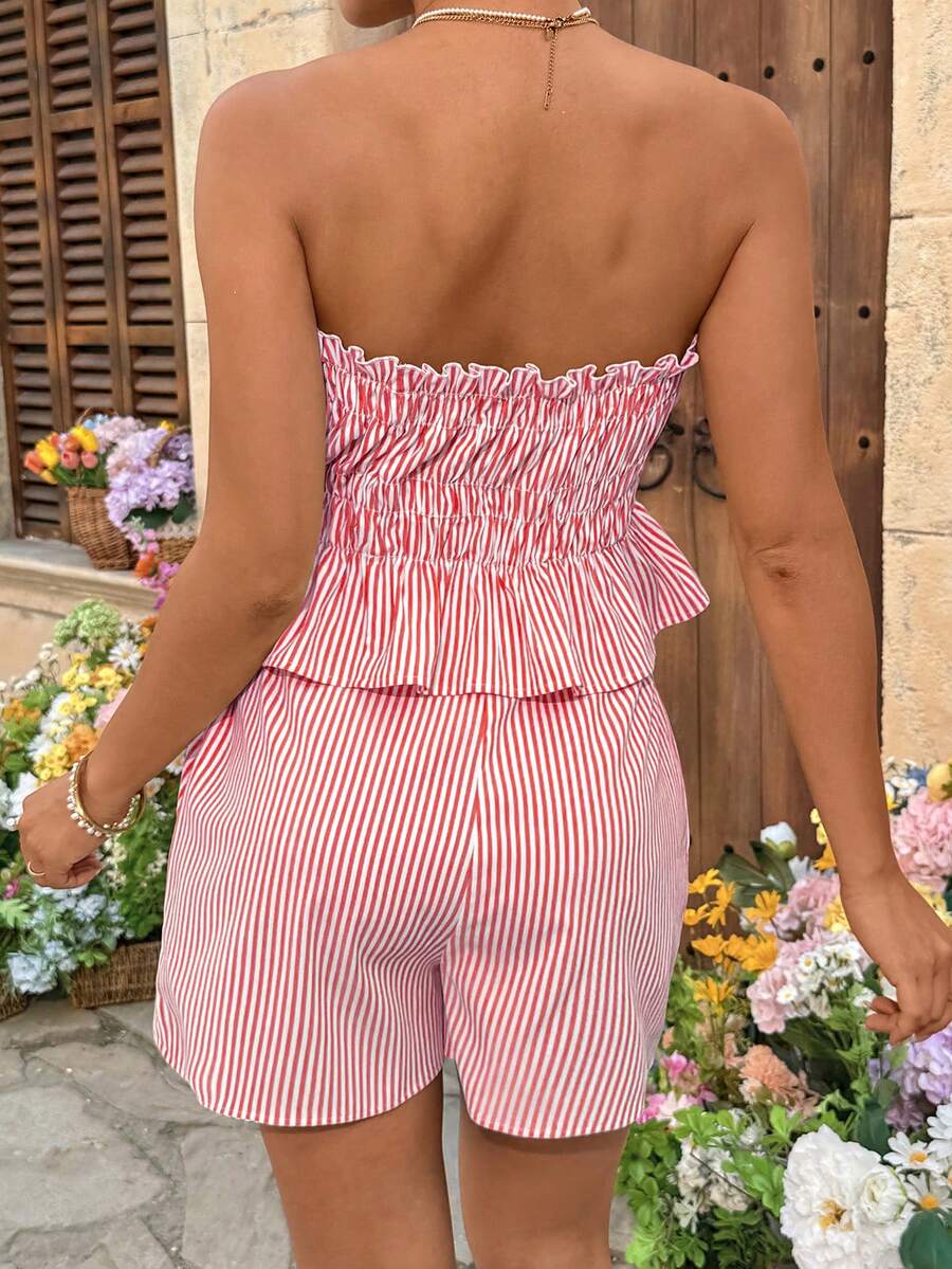 Maternity 2-Piece Summer Vacation Set Yellow Striped Ruffle Bandeau Top and Adjustable Waist Mini Shorts Beach Outfit