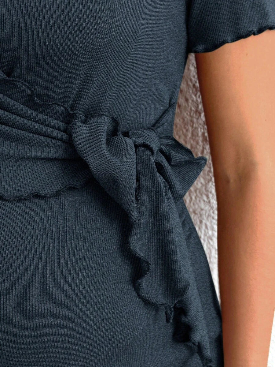 Maternity V-Neck Short Sleeve Belted T-Shirt - Casual Colorblock Regular Fit Summer Knit Top