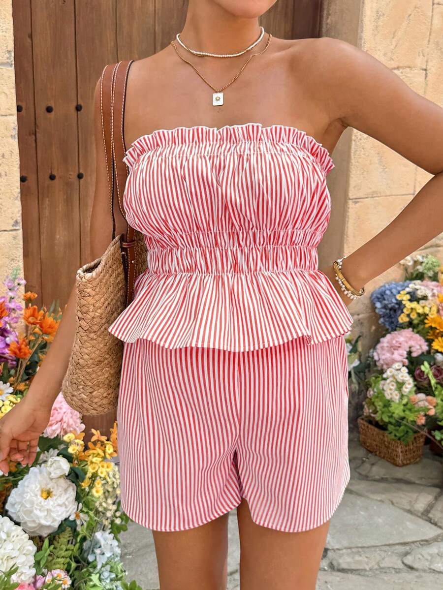 Maternity 2-Piece Summer Vacation Set Yellow Striped Ruffle Bandeau Top and Adjustable Waist Mini Shorts Beach Outfit