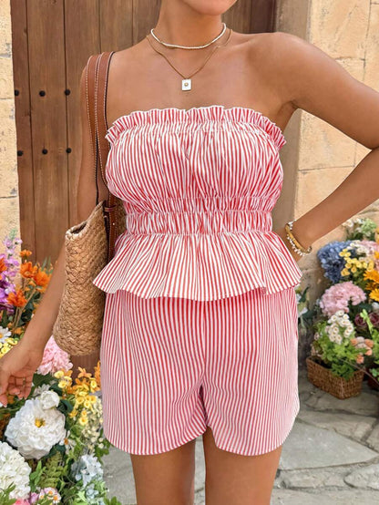 Maternity 2-Piece Summer Vacation Set Yellow Striped Ruffle Bandeau Top and Adjustable Waist Mini Shorts Beach Outfit