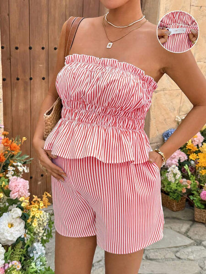 Maternity 2-Piece Summer Vacation Set Yellow Striped Ruffle Bandeau Top and Adjustable Waist Mini Shorts Beach Outfit