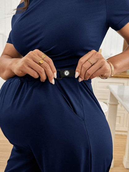 Navy Blue Maternity 2 Piece Set Asymmetric Short Sleeve Tee and Slim Fit Long Pants Elegant Summer Night Out Lounge Outfit