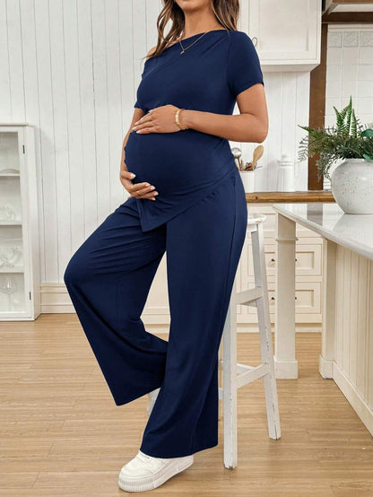 Navy Blue Maternity 2 Piece Set Asymmetric Short Sleeve Tee and Slim Fit Long Pants Elegant Summer Night Out Lounge Outfit