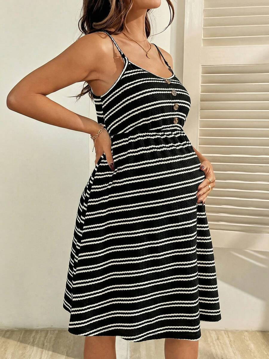 Maternity Striped Nursing Dress - Spaghetti Strap, Slim Fit, Flared Hem, Apricot