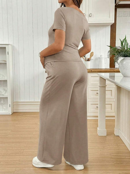 Navy Blue Maternity 2 Piece Set Asymmetric Short Sleeve Tee and Slim Fit Long Pants Elegant Summer Night Out Lounge Outfit