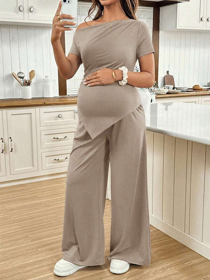 Navy Blue Maternity 2 Piece Set Asymmetric Short Sleeve Tee and Slim Fit Long Pants Elegant Summer Night Out Lounge Outfit