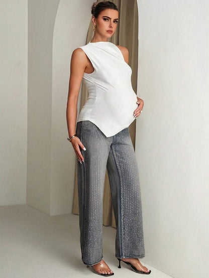 Maternity Summer Casual Solid Color Asymmetric Hem Sleeveless Shirt