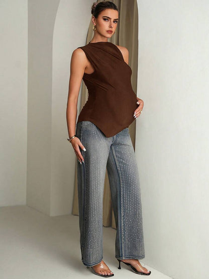 Maternity Summer Casual Solid Color Asymmetric Hem Sleeveless Shirt