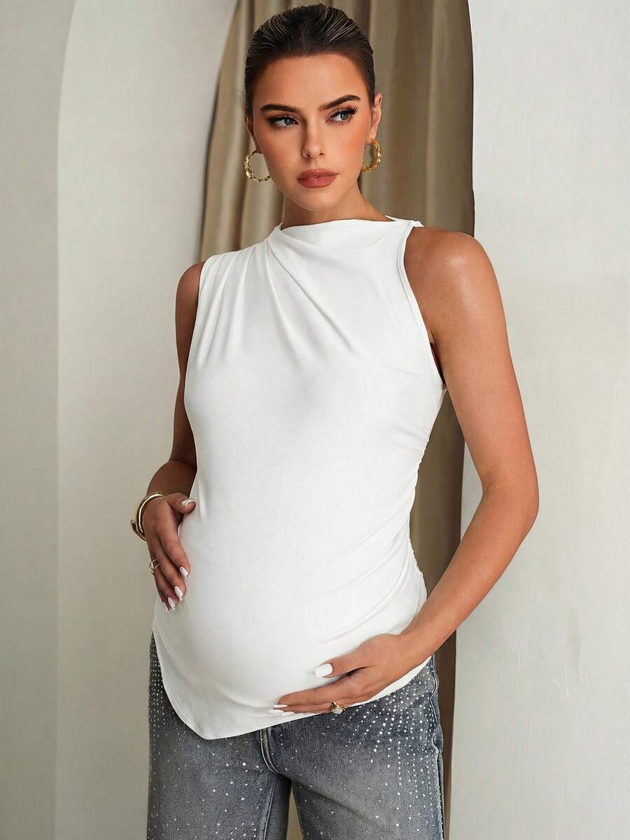 Maternity Apricot Sleeveless Stand Collar Shirt Ruched Slim Fit Asymmetrical Hem Summer Casual Holiday Top