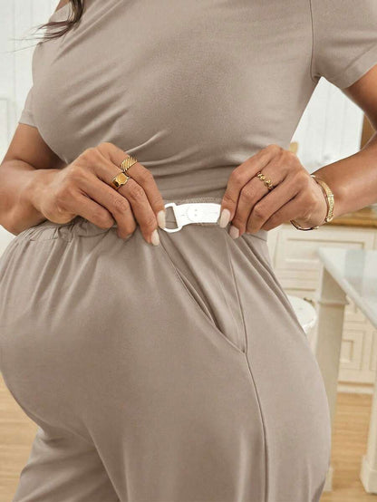Navy Blue Maternity 2 Piece Set Asymmetric Short Sleeve Tee and Slim Fit Long Pants Elegant Summer Night Out Lounge Outfit