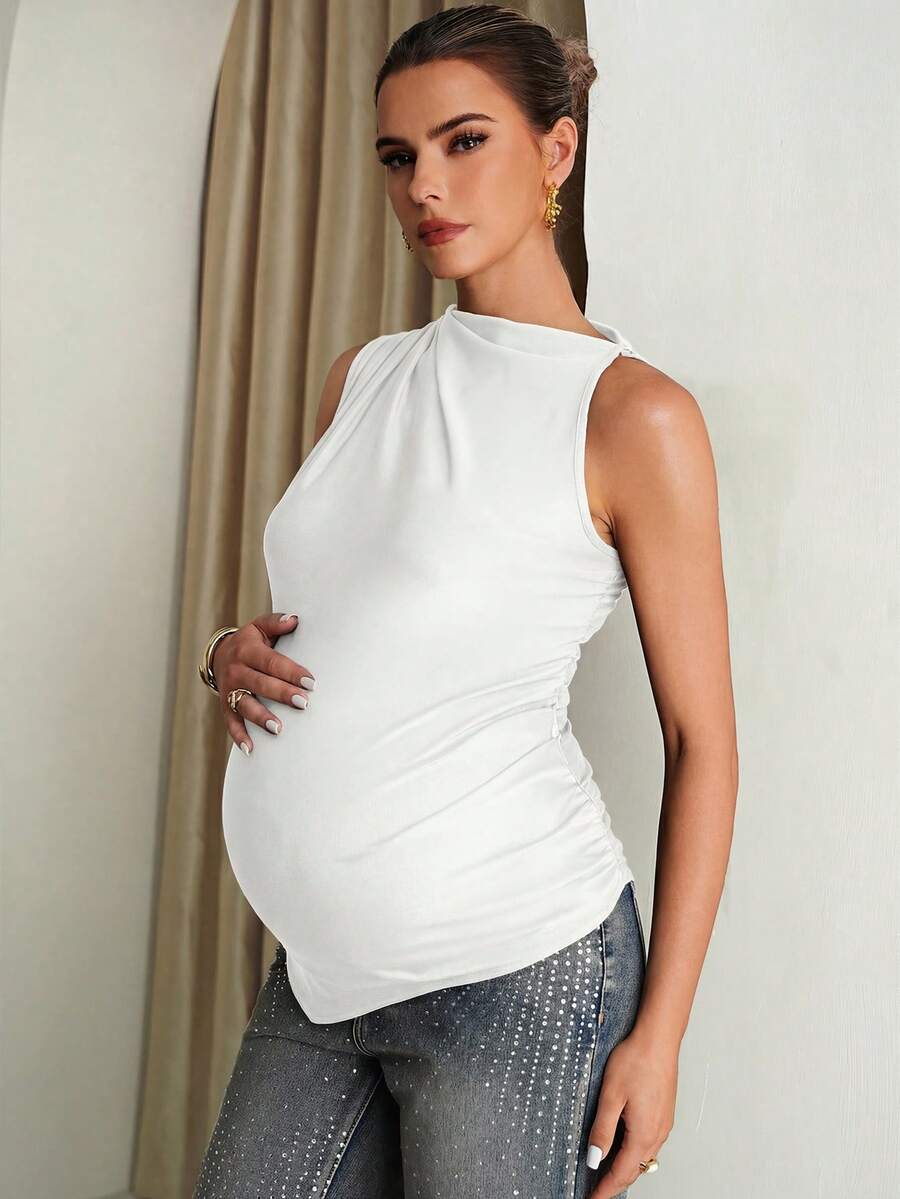 Maternity Sleeveless Ruched Stand Collar Top in Black Slim Fit Asymmetrical Hem Summer Pregnancy Blouse for Holiday and Casual Wear
