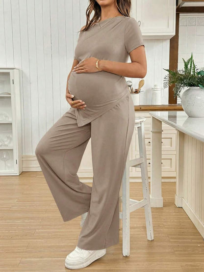 Navy Blue Maternity 2 Piece Set Asymmetric Short Sleeve Tee and Slim Fit Long Pants Elegant Summer Night Out Lounge Outfit
