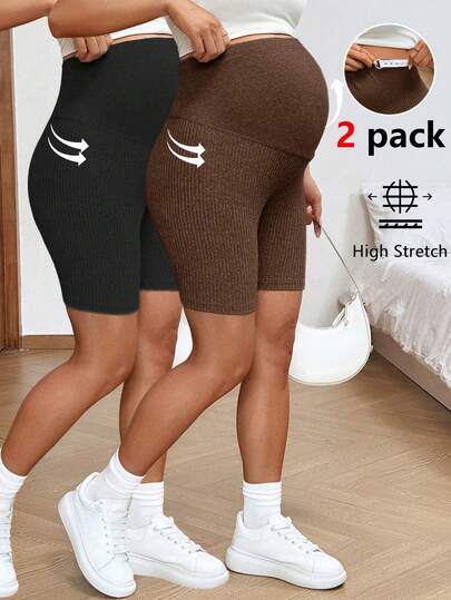 2-Pack Ribbed Maternity Biker Shorts in Coffee Brown – Ultra High Waist Slim Fit Athletic Yoga Shorts Set for Pregnancy & Postpartum