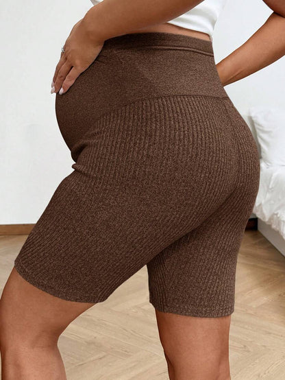 2-Pack Ribbed Maternity Biker Shorts in Coffee Brown – Ultra High Waist Slim Fit Athletic Yoga Shorts Set for Pregnancy & Postpartum