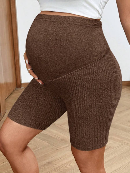 2-Pack Ribbed Maternity Biker Shorts in Coffee Brown – Ultra High Waist Slim Fit Athletic Yoga Shorts Set for Pregnancy & Postpartum