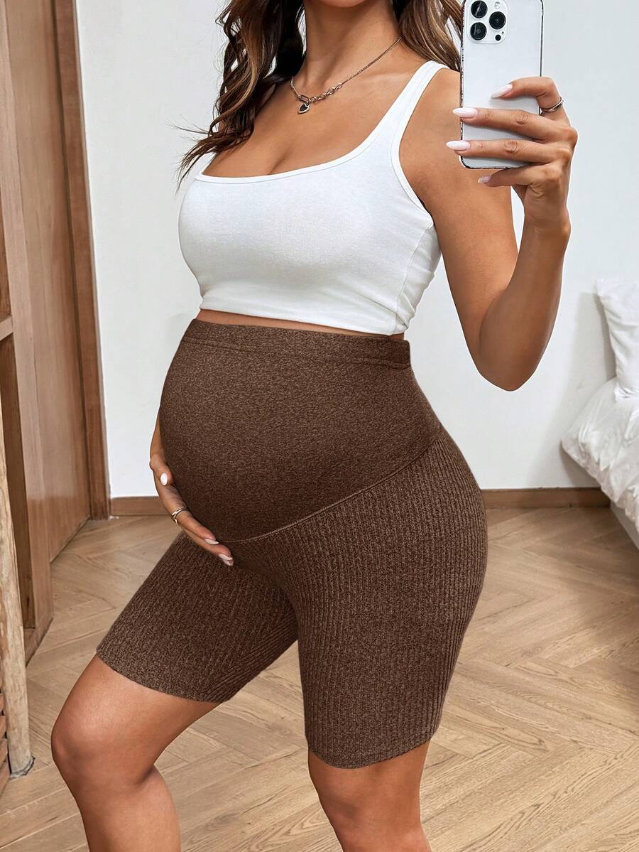 2-Pack Ribbed Maternity Biker Shorts in Coffee Brown – Ultra High Waist Slim Fit Athletic Yoga Shorts Set for Pregnancy & Postpartum