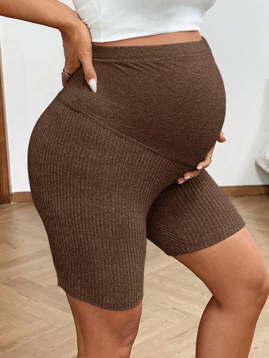 2-Pack Ribbed Maternity Biker Shorts in Coffee Brown – Ultra High Waist Slim Fit Athletic Yoga Shorts Set for Pregnancy & Postpartum