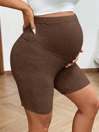 2-Pack Ribbed Maternity Biker Shorts in Coffee Brown – Ultra High Waist Slim Fit Athletic Yoga Shorts Set for Pregnancy & Postpartum