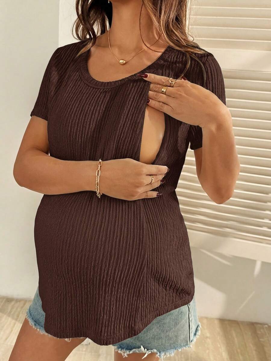 Maternity Nursing T-Shirt Bodysuit in Apricot Round Neck Short Sleeve Summer Pregnant Top with Functional Zipper Detail for Casual Night Out