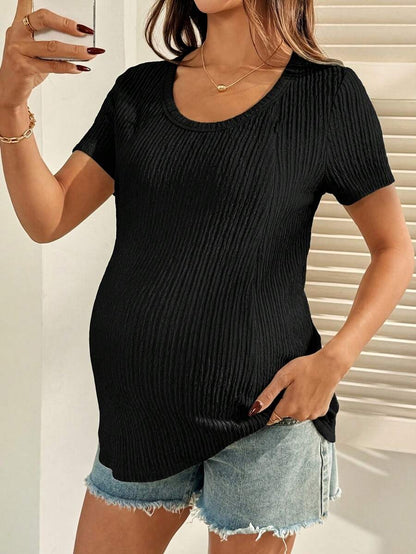 Maternity Nursing T-Shirt Bodysuit in Apricot Round Neck Short Sleeve Summer Pregnant Top with Functional Zipper Detail for Casual Night Out