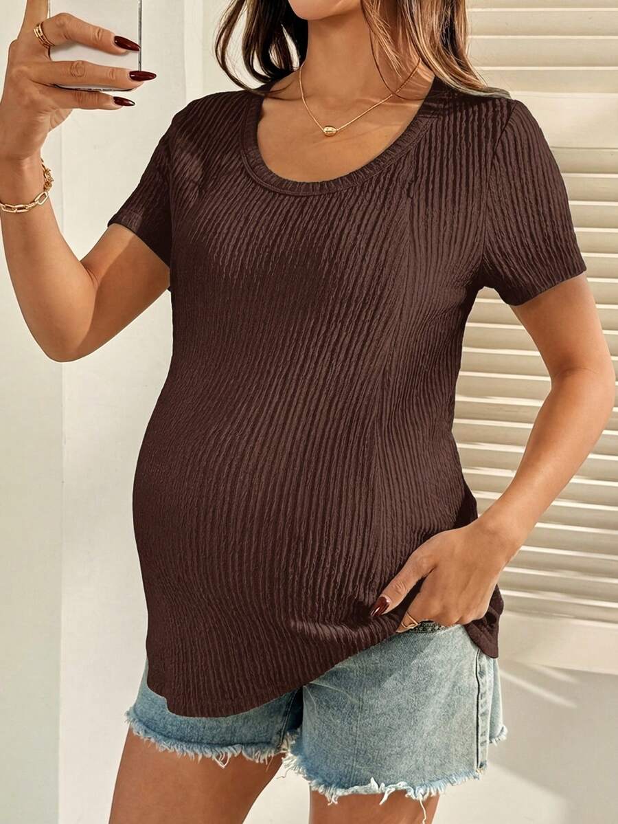 Maternity Nursing T-Shirt Bodysuit in Apricot Round Neck Short Sleeve Summer Pregnant Top with Functional Zipper Detail for Casual Night Out