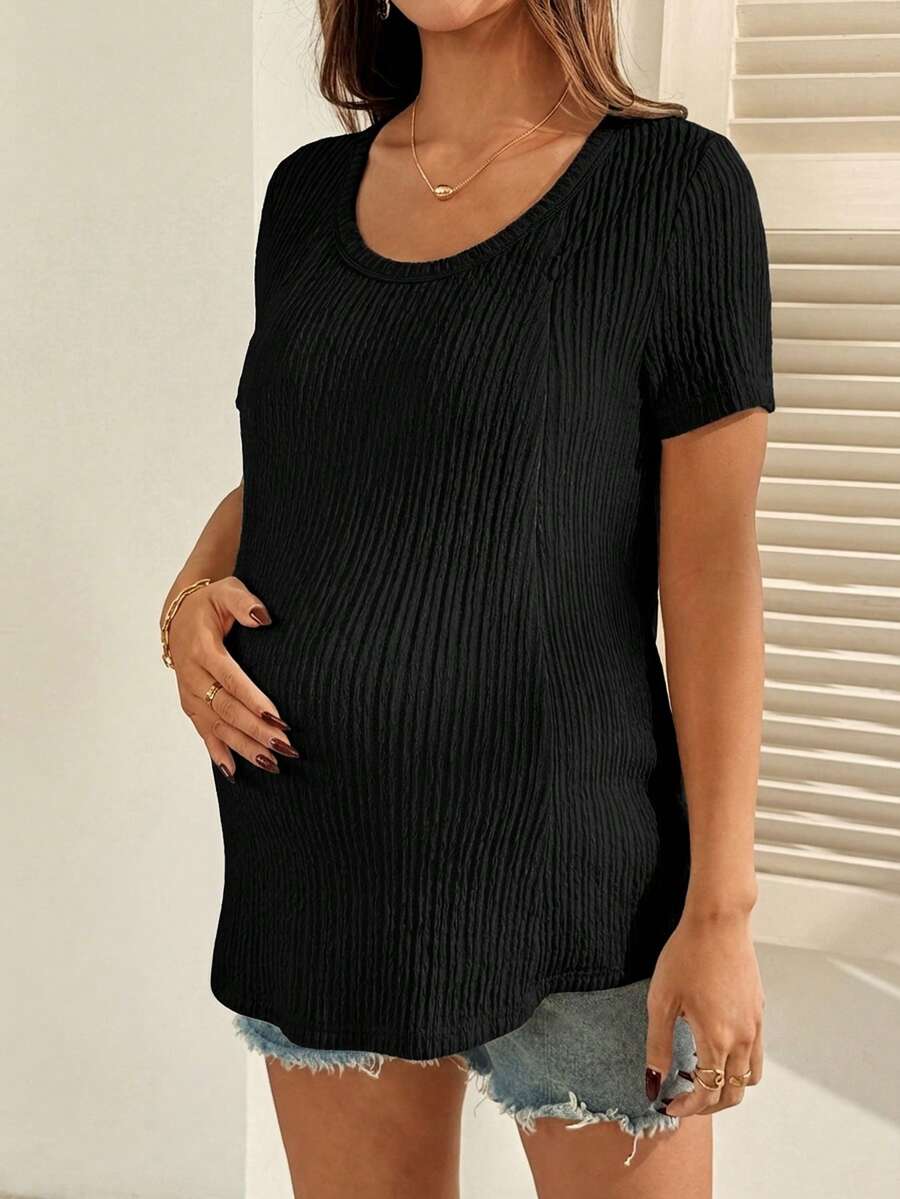 Maternity Nursing T-Shirt Bodysuit in Apricot Round Neck Short Sleeve Summer Pregnant Top with Functional Zipper Detail for Casual Night Out