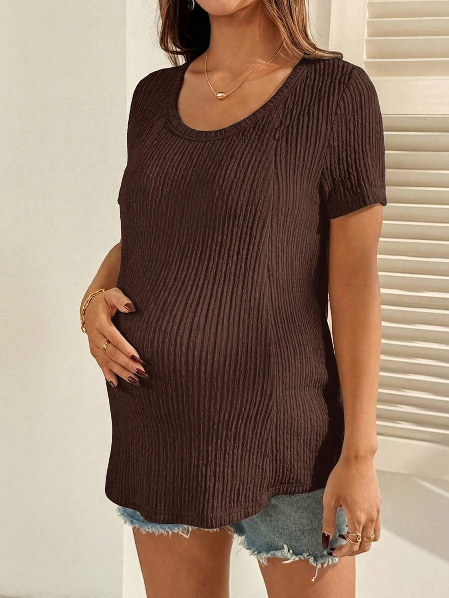 Maternity Nursing T-Shirt Bodysuit in Apricot Round Neck Short Sleeve Summer Pregnant Top with Functional Zipper Detail for Casual Night Out