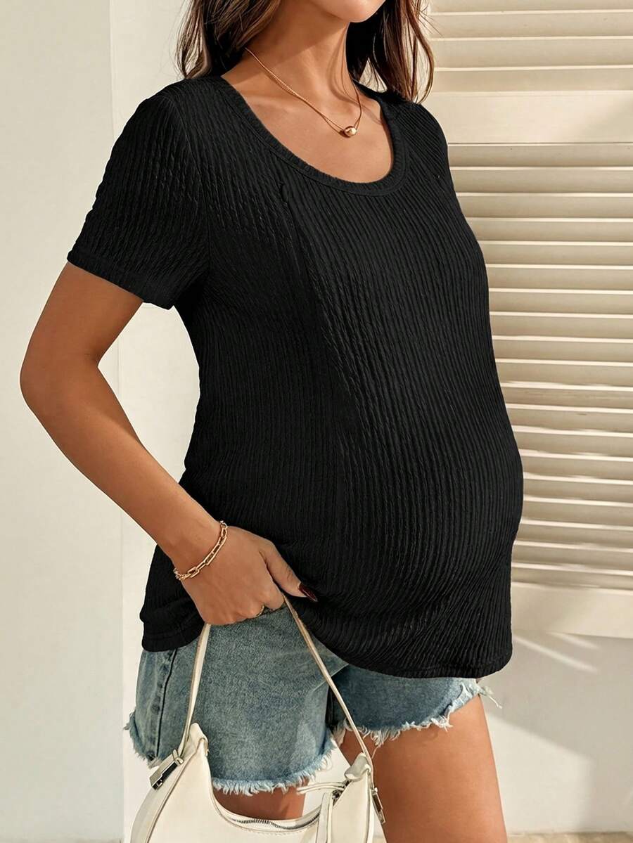 Maternity Nursing T-Shirt Bodysuit in Apricot Round Neck Short Sleeve Summer Pregnant Top with Functional Zipper Detail for Casual Night Out