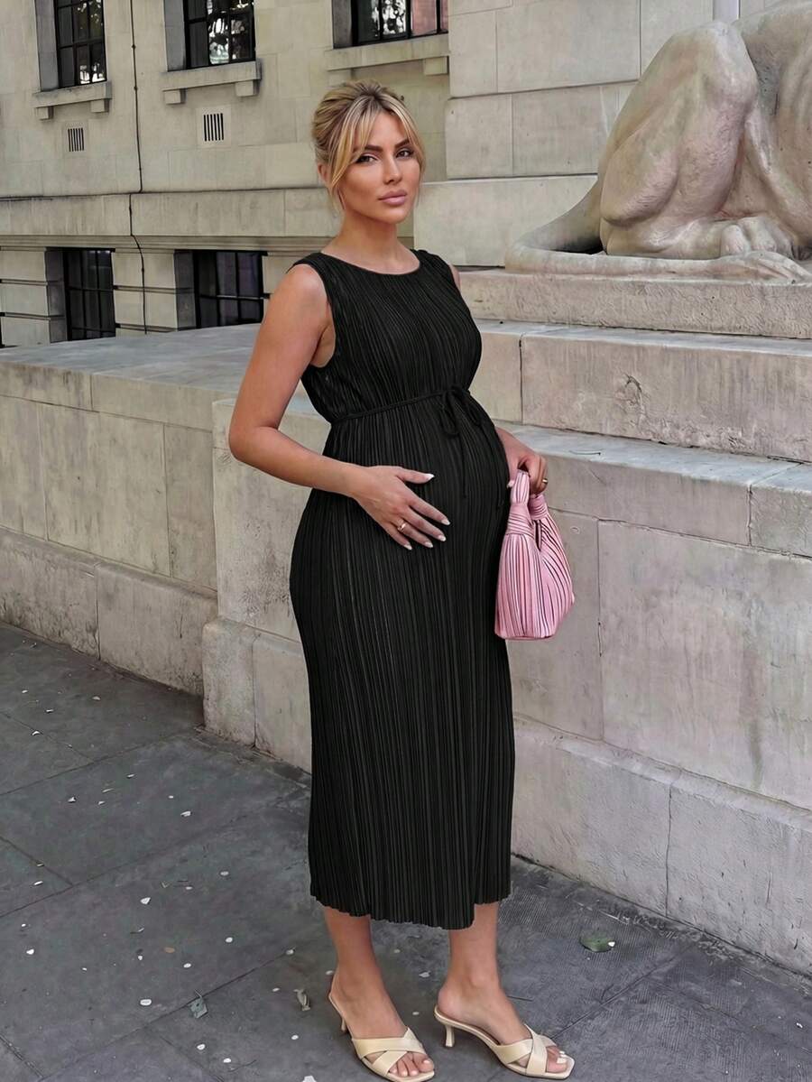 Maternity Pleated A-Line Midi Dress - Round Neck, Sleeveless, Belted, Slit Hem, White