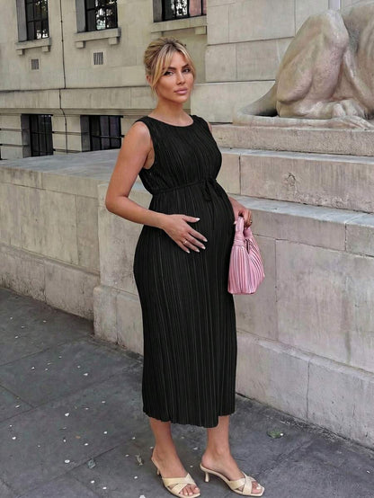 Maternity Pleated A-Line Midi Dress - Round Neck, Sleeveless, Belted, Slit Hem, White