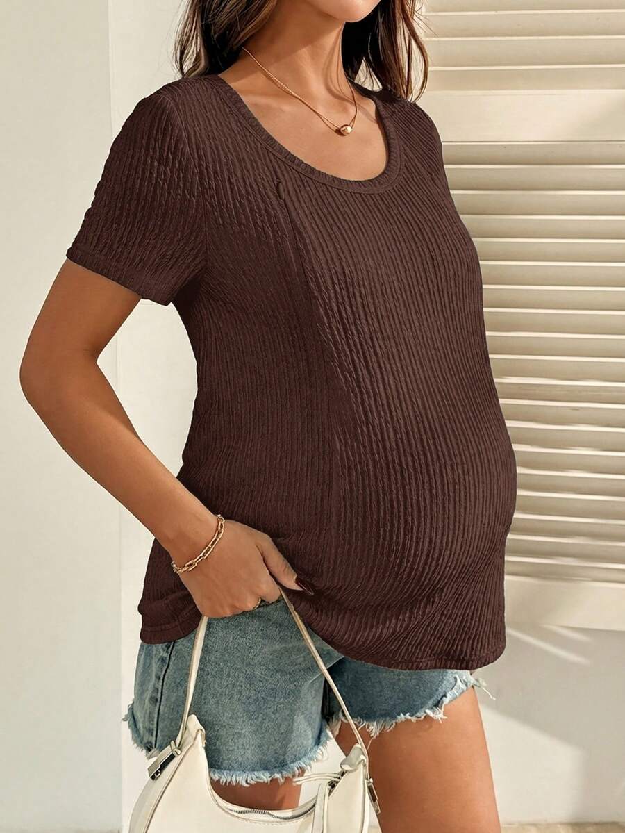 Maternity Nursing T-Shirt Bodysuit in Apricot Round Neck Short Sleeve Summer Pregnant Top with Functional Zipper Detail for Casual Night Out