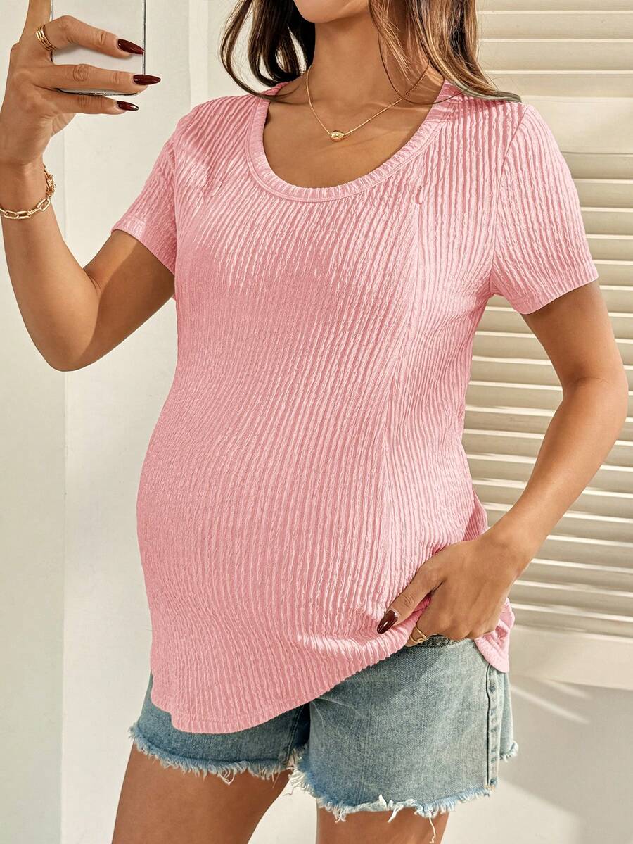 Maternity Nursing T-Shirt Bodysuit in Apricot Round Neck Short Sleeve Summer Pregnant Top with Functional Zipper Detail for Casual Night Out