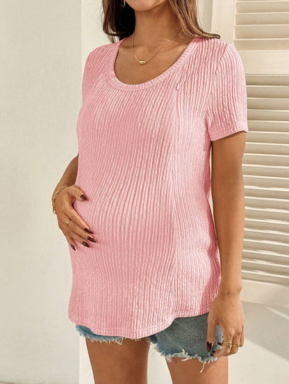 Maternity Nursing T-Shirt Bodysuit in Apricot Round Neck Short Sleeve Summer Pregnant Top with Functional Zipper Detail for Casual Night Out