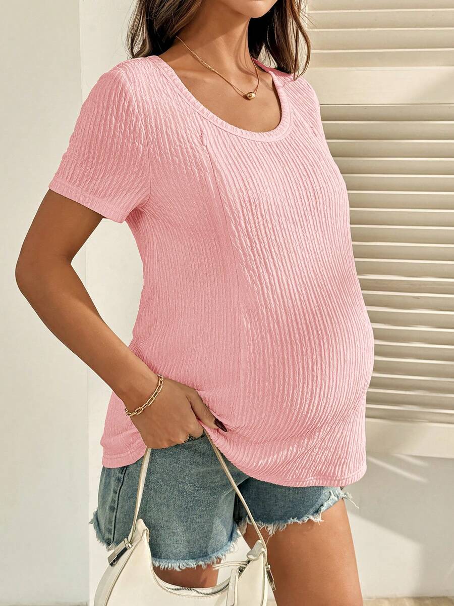 Maternity Nursing T-Shirt Bodysuit in Apricot Round Neck Short Sleeve Summer Pregnant Top with Functional Zipper Detail for Casual Night Out