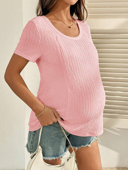 Maternity Nursing T-Shirt Bodysuit in Apricot Round Neck Short Sleeve Summer Pregnant Top with Functional Zipper Detail for Casual Night Out