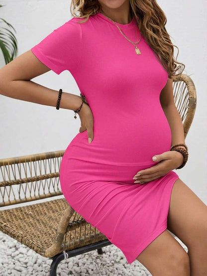 Maternity Short Sleeve Ruched Bodycon Dress - Blue Round Neck Side Slit Casual Knee-Length Pencil Dress