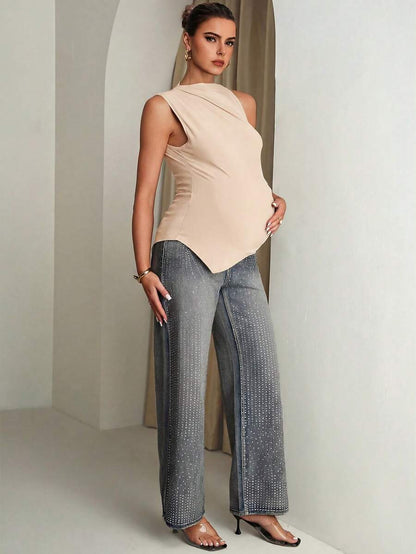 Maternity Apricot Sleeveless Stand Collar Shirt Ruched Slim Fit Asymmetrical Hem Summer Casual Holiday Top
