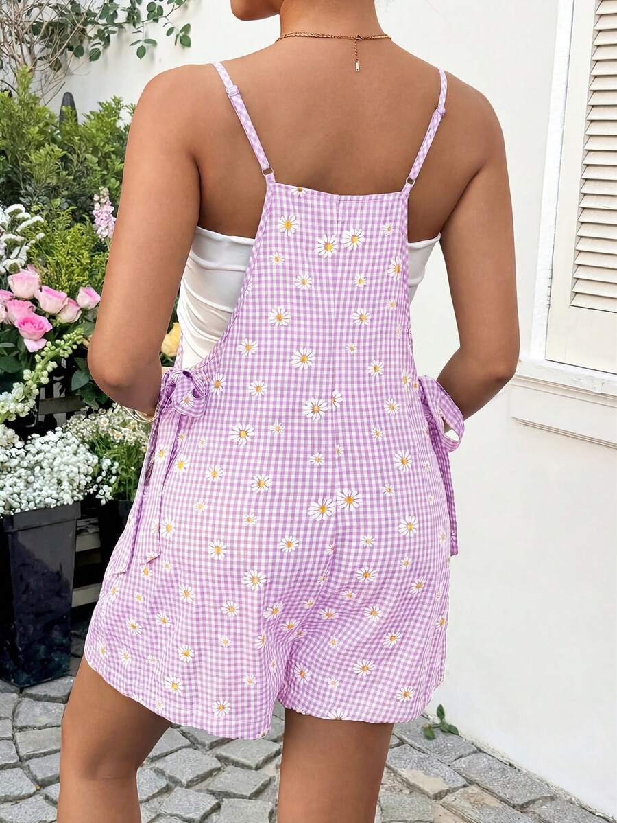 Dusty Pink Plaid Maternity Romper with Daisy Detail – Boho Spaghetti Strap Side Tie Summer Vacation Cami Jumpsuit for Pregnant Women