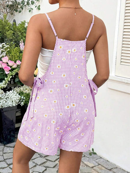 Mauve Purple Daisy Print Maternity Romper - Boho Spaghetti Strap Side Tie Maternity Jumper for Summer Vacation and Beach Outfits