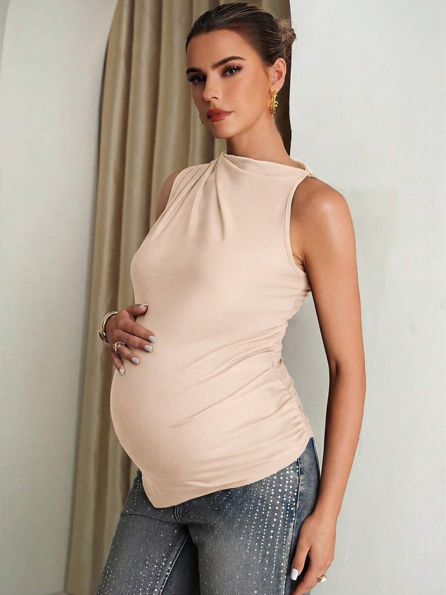 Maternity Sleeveless Ruched Stand Collar Top in Black Slim Fit Asymmetrical Hem Summer Pregnancy Blouse for Holiday and Casual Wear